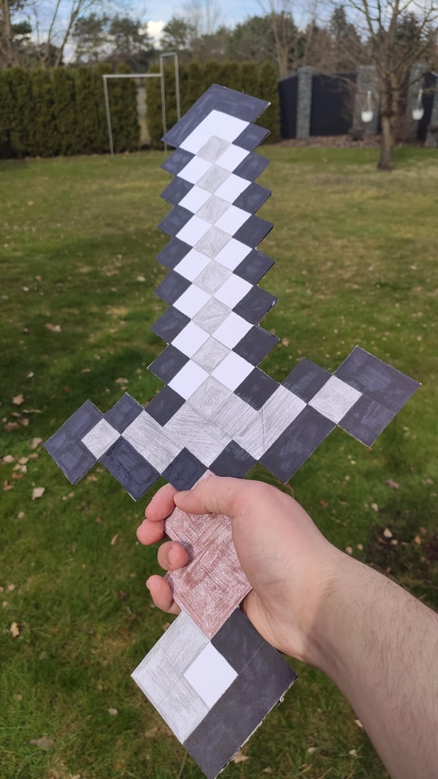 I made a iron sword out of a pizza box (ignore my hand, it's not easy to hold a pixel sword)