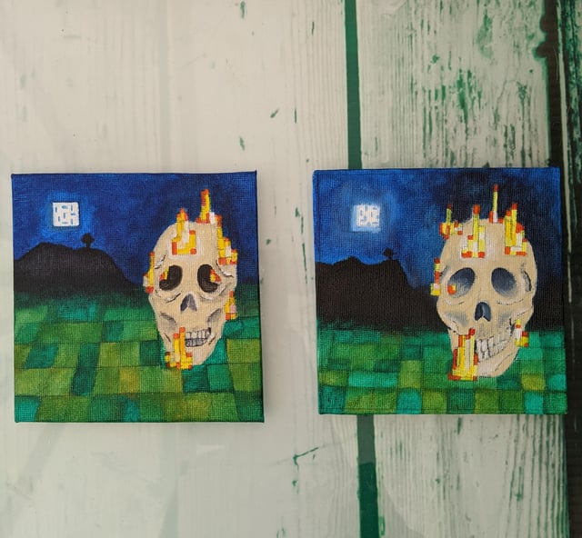 I painted Minecraft paintings 3x3 for me and my friend for desk art (first post here! :D)