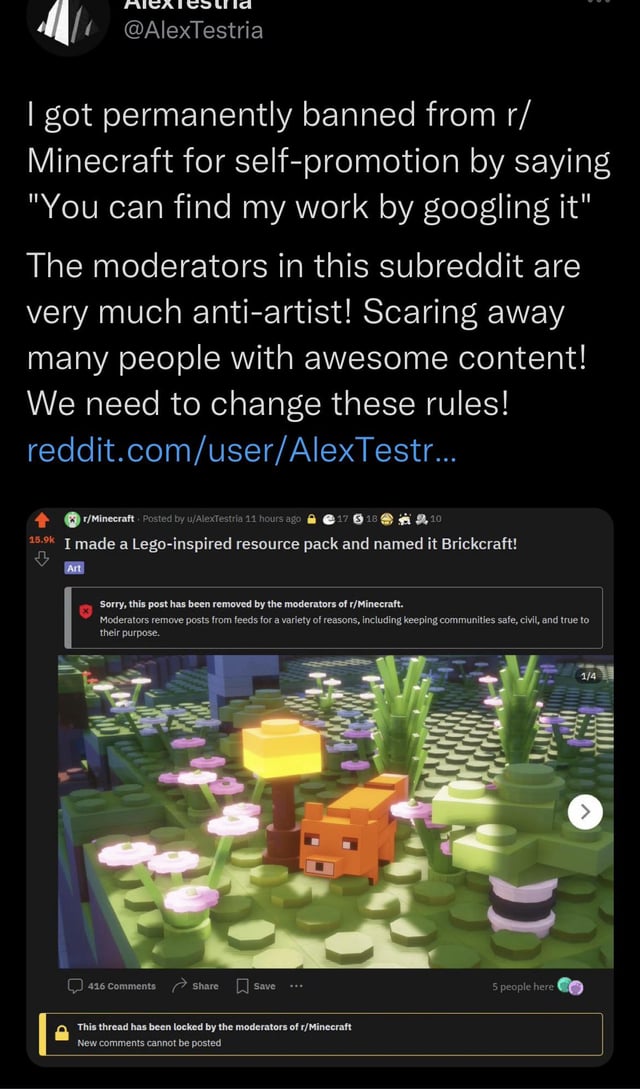 I’ve seen high effort posts get removed for the dumbest reasons constantly. The r/Minecraft mods need to tone it down, or maybe it’s time for the community to make a new subreddit. This post will inevitably be removed but I just want to hear some other peoples thoughts.