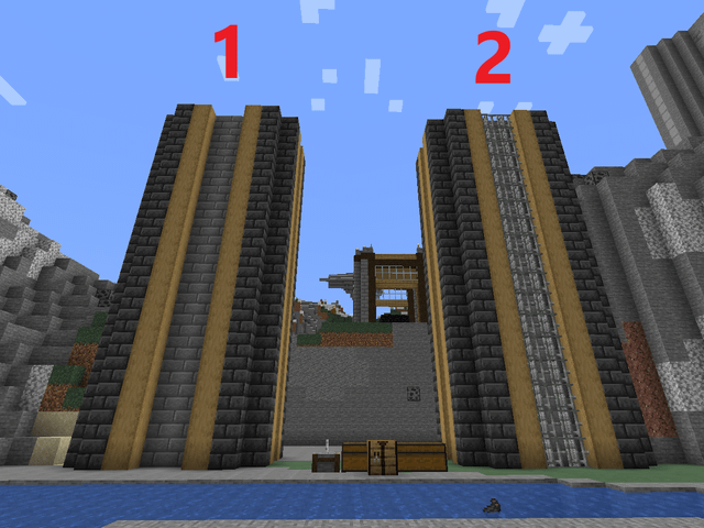 I am building a gate for what will be my main base. And I do not decide on the decoration of the towers. I would like to know your opinion, number 1 without iron bars or number 2 with iron bars?
