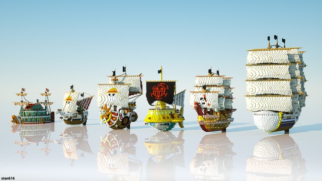 I recreated The Baratie, The Going Merry, The Thousand Sunny, The Polar Tang, The Red Force and The Moby Dick from One Piece in Minecraft, it took 73 hours in total (NOT IN SCALE)