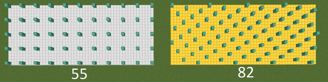 Best copper oxidation layout. I keep seeing everyone using the basic grid-pattern on the left, yet I don't really see anyone talking about how the pattern on the right takes equally as long and is much more space efficient.