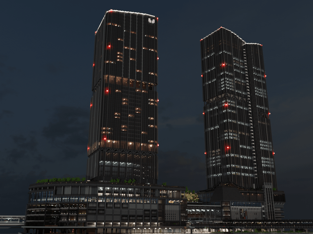 I created a night huge station building model with Minecraft and rendered with Blender.