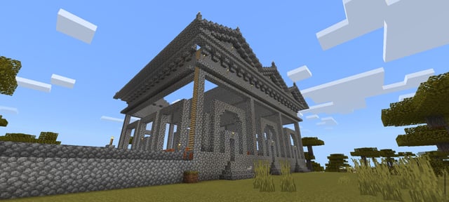 I'm making a villager trading hall. And yes, I like to use cobblestone for my projects. What do you think?.