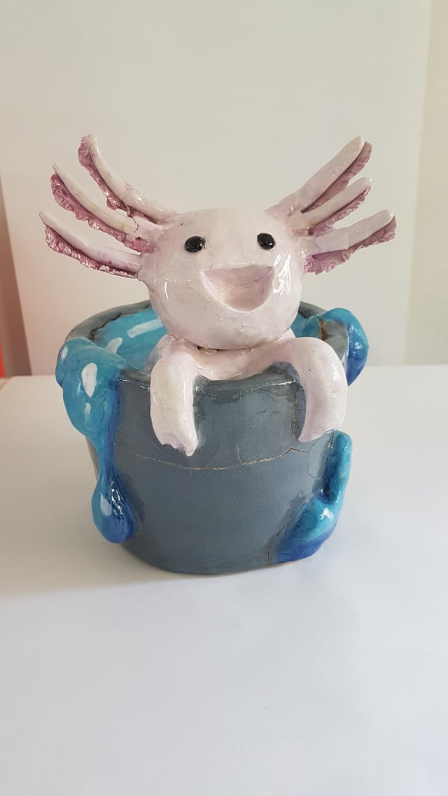 i made an axolotl in a bucket out of clay. cracked after being fired for a second time sadly