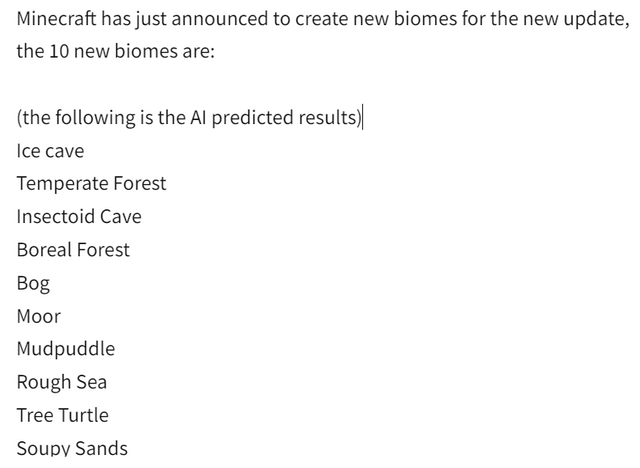 I used an AI bot to predict the new biomes for Minecraft (idea is from u/Touristforlife) - what would It look like?