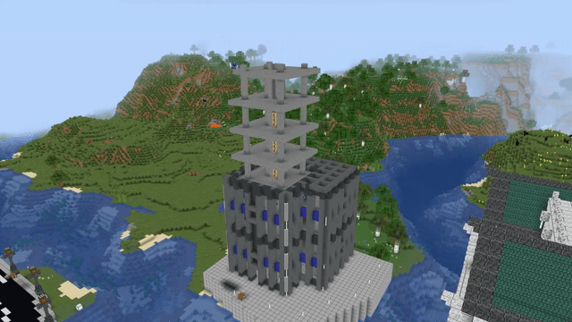 I built a modern Wandering Trader tower in my survival city for a 4 second clip in a meme