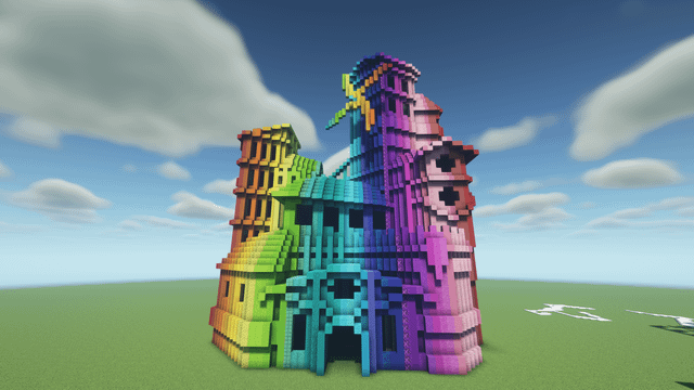 I tried creating a smooth rainbow gradient, and the put in on a build with no slabs/stairs etc. Also tried using more diagonal walls, to do something more interesting since there's only full blocks