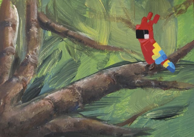 I painted a Minecraft Parrot in a semi-realistic background.